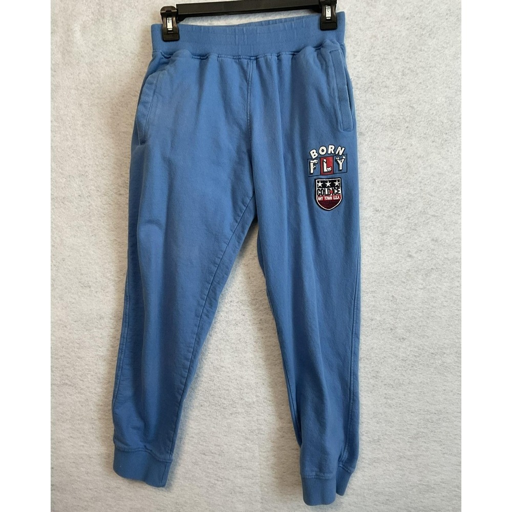 Born Fly Pants Boys 8 Blue Fleece Joggers Sweatpants Pull On College Logo Patch